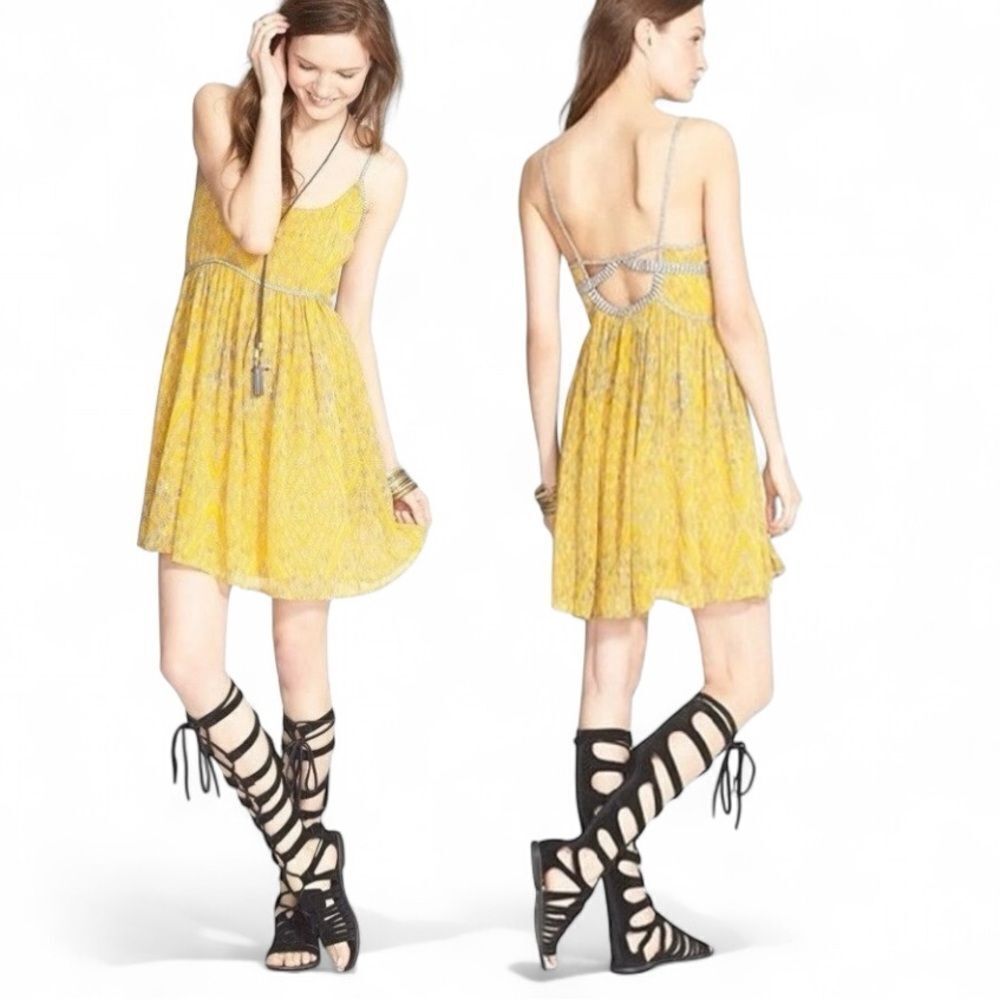 Free People Boho Yellow Patterned Women's Mini Dress size XS